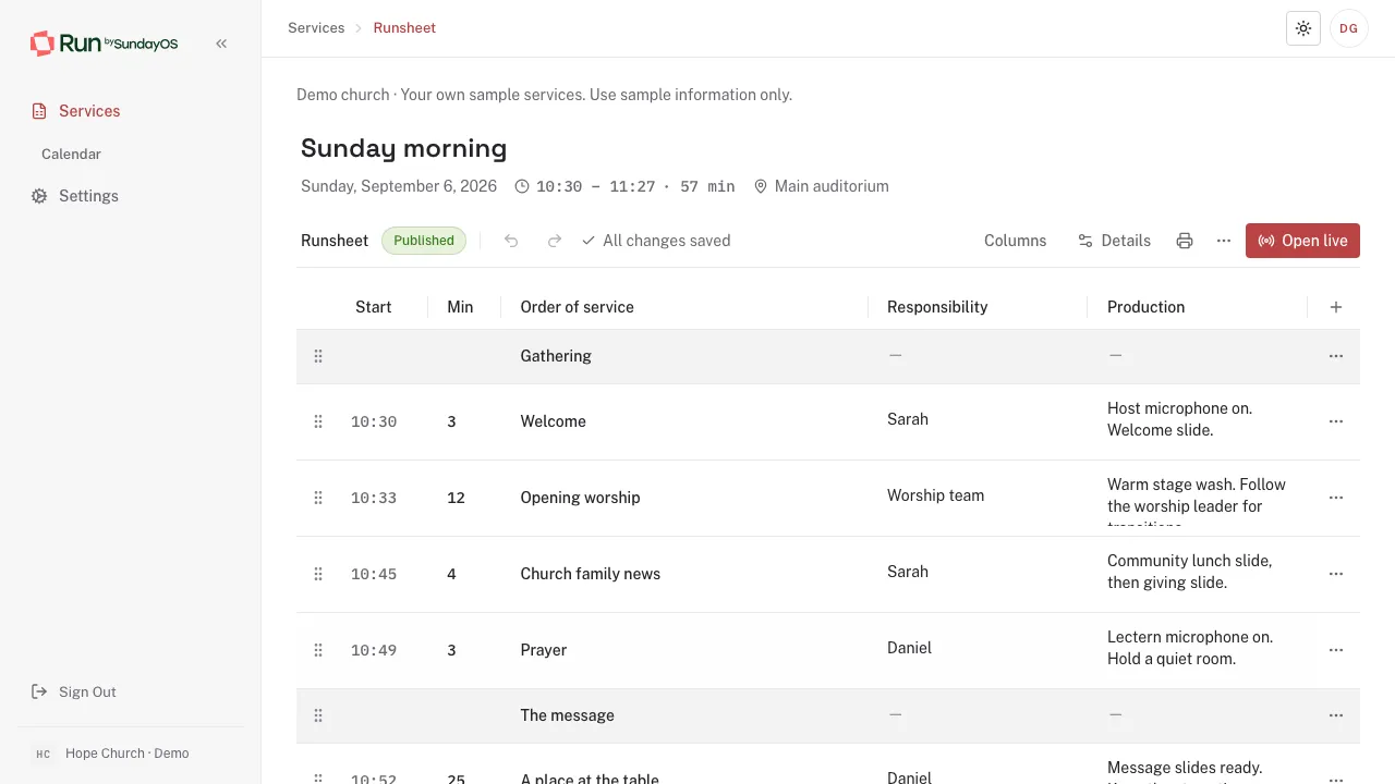 The real SundayOS runsheet with service items, timings, responsibilities and production notes.